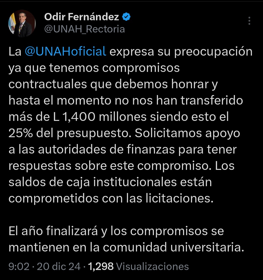 Comunicado oficial del Rector, Odir Fernández. 